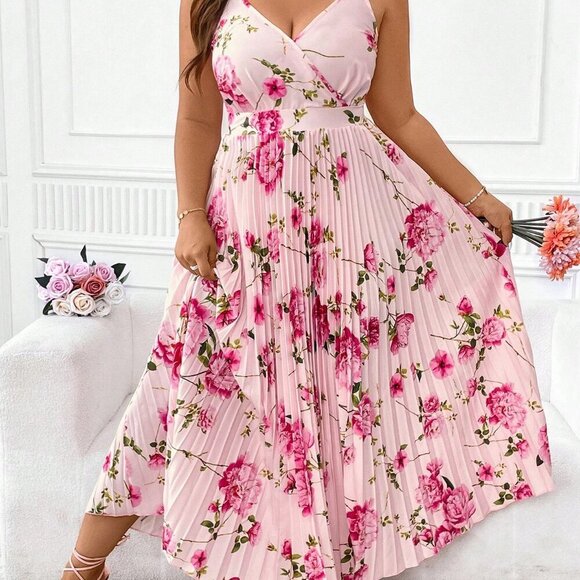 Pink Boho Women's Plus Size Floral Printed Pleated Sleeveless Cami Dress Outfit - Picture 5 of 7